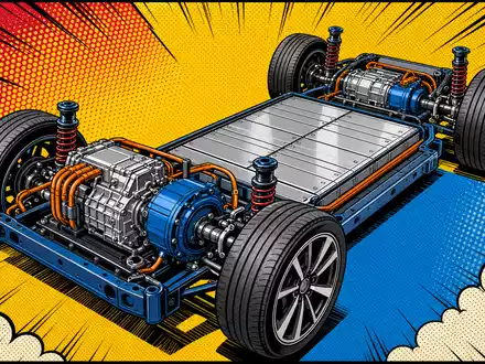 Schaeffler AG (DE000SHA0100) liefert E-Achsen-Technologie, dargestellt als farbenfrohe Pop-Art-Comic-Illustration eines Elektrofahrzeug-Fahrgestells heute - Foto: THN