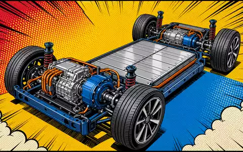 Schaeffler AG (DE000SHA0100) liefert E-Achsen-Technologie, dargestellt als farbenfrohe Pop-Art-Comic-Illustration eines Elektrofahrzeug-Fahrgestells heute - Foto: THN