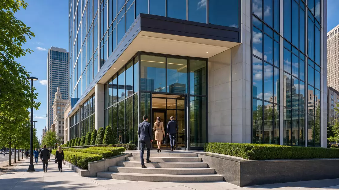 Moderne Bankfiliale in Columbus Ohio, Kunden betreten Glasgebäude, blauer Himmel
