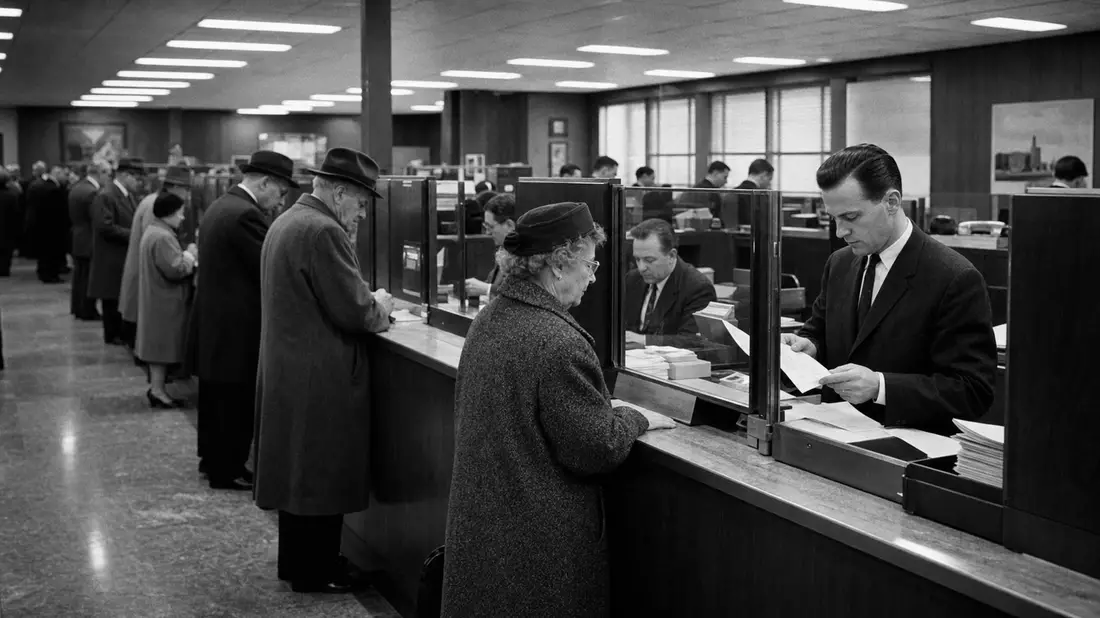 Schwarzweiß-Aufnahme belebter Bankschalter, Kunden und Kassierer, 1960er Jahre