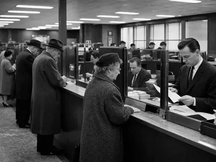 Huntington Bancshares US4461501045 in schwarz weißer dokumentarischer Reportage eines klassischen amerikanischen Bankschalters - Foto: THN