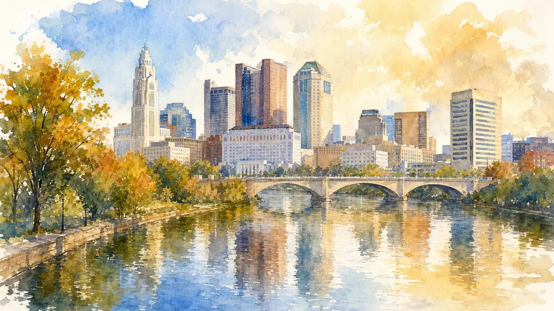 Aquarell-Panorama Columbus Ohio Skyline mit Flussreflexionen, warme Herbstfarben
