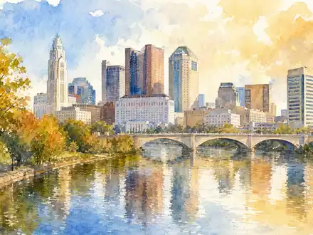 Huntington Bancshares Aquarell Stadtbild Columbus Ohio am Scioto River mit ISIN US4461501045 in warmen Farben - Foto: THN