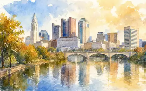 Huntington Bancshares Aquarell Stadtbild Columbus Ohio am Scioto River mit ISIN US4461501045 in warmen Farben - Foto: THN