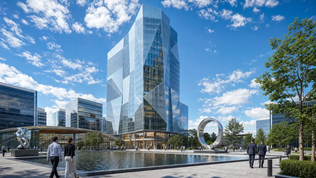 Architektur-Visualisierung moderner Glasturm im Finanzdistrikt, Plaza mit Skulpturen