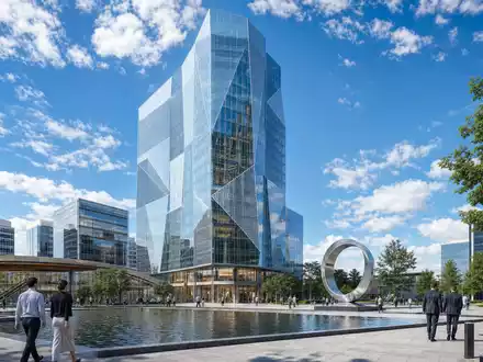 Huntington Bancshares US4461501045 modernes Bankhochhaus als fotorealistisches Architektur Render mit urbanem Platz davor - Foto: THN