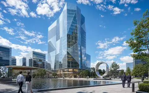 Huntington Bancshares US4461501045 modernes Bankhochhaus als fotorealistisches Architektur Render mit urbanem Platz davor - Foto: THN