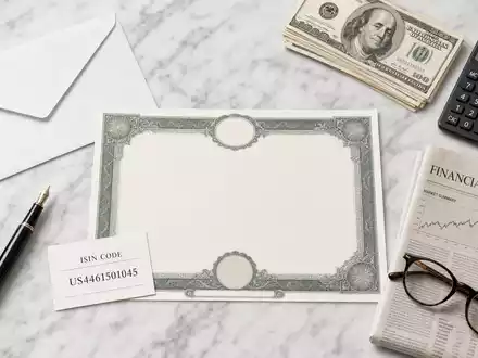 Huntington Bancshares Flatlay mit Aktienzertifikat ISIN US4461501045 und klassischen Bankutensilien auf weißem Marmor - Foto: THN