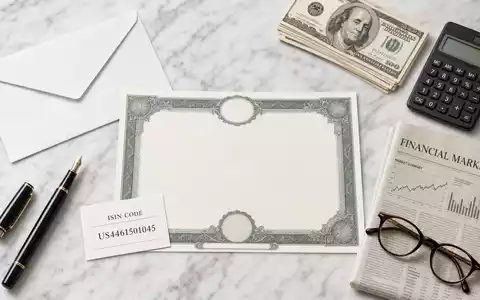 Huntington Bancshares Flatlay mit Aktienzertifikat ISIN US4461501045 und klassischen Bankutensilien auf weißem Marmor - Foto: THN