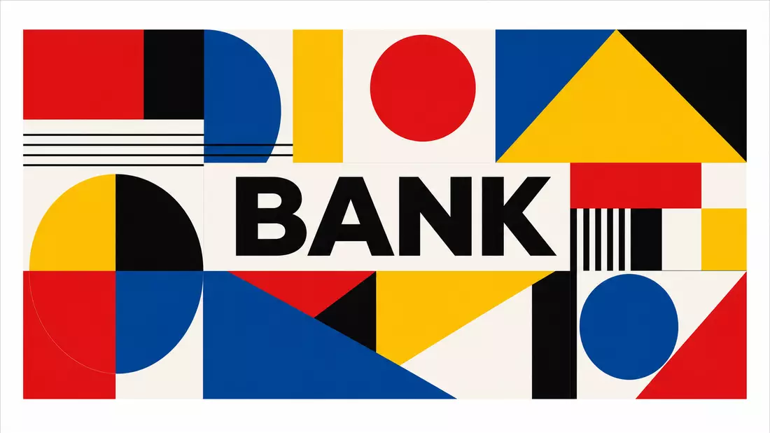 Bauhaus-Poster mit geometrischen Formen und BANK-Text, Primärfarben Rot Blau Gelb Schwarz