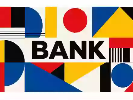 Huntington Bancshares US4461501045 als Bauhaus Poster mit geometrischen Formen und BANK Schriftzug in Primärfarben - Foto: THN