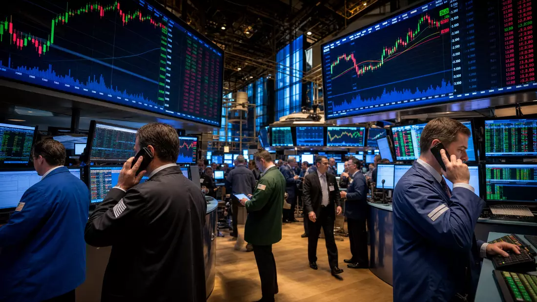 Handelsparkett mit Brokern, riesige Kursanzeigetafeln, Candlestick-Charts, blaues Licht