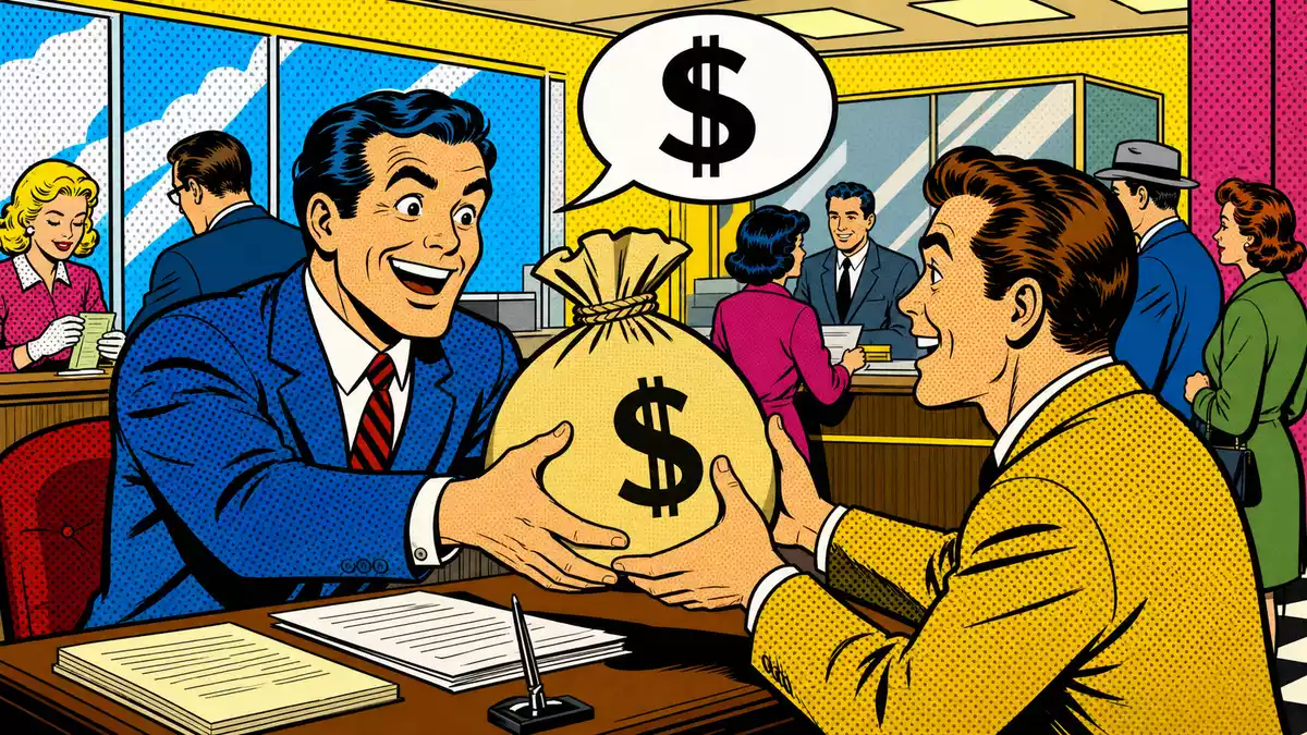 Pop-Art-Comic Bankszene, Banker übergibt Geldsack an Kunden, Halbton-Punkte, Primärfarben