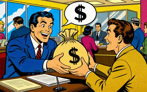 Huntington Bancshares US4461501045 Pop Art Comic Szene mit Banker und Geldtasche in kräftigen Primärfarben - Foto: THN