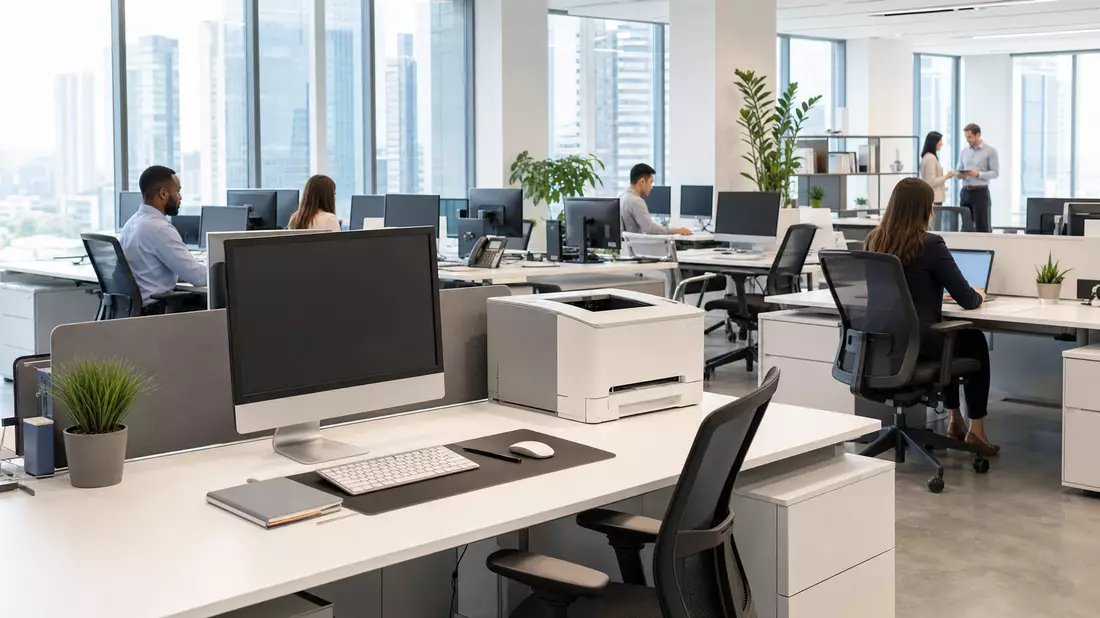 Modernes Technologiebüro von HP Inc. mit Computern, Monitoren und Laserdruckern