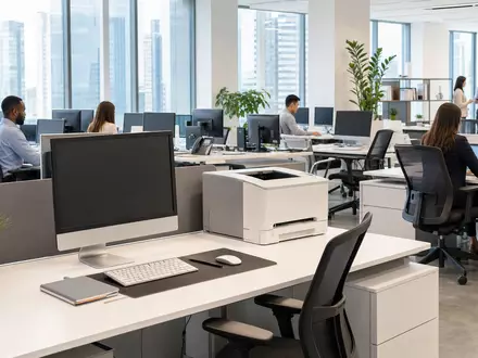 HP Inc. Büroarbeitsplätze mit Computern und Druckern im modernen Technologiebüro, ISIN US40434L1052 - Foto: THN