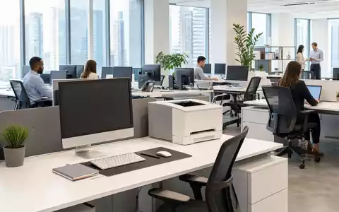 HP Inc. Büroarbeitsplätze mit Computern und Druckern im modernen Technologiebüro, ISIN US40434L1052 - Foto: THN