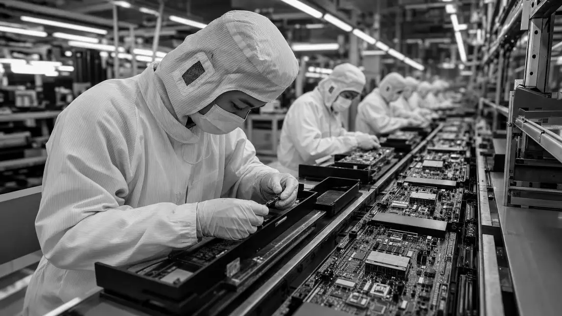 Schwarz-Weiß-Reportage einer Elektronik-Montagelinie mit Arbeitern in Reinraumanzügen