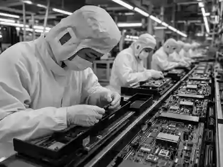HP Inc. zeigt Arbeiter bei der Elektronik-Fertigung in schwarz-weißer Reportagefotografie, ISIN US40434L1052 - Foto: THN