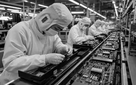 HP Inc. zeigt Arbeiter bei der Elektronik-Fertigung in schwarz-weißer Reportagefotografie, ISIN US40434L1052 - Foto: THN