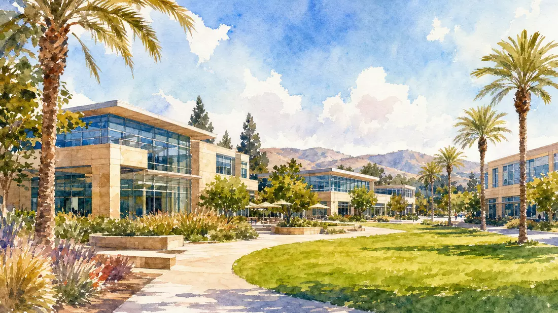 Aquarellgemälde des Silicon-Valley-Technologiecampus mit Palmen und Glasgebäuden in Palo Alto
