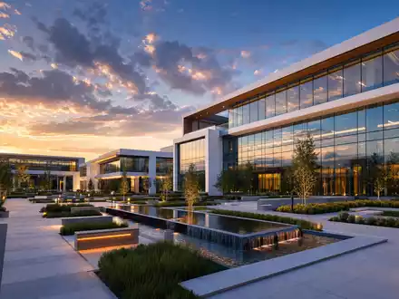 HP Inc. Campus-Hauptsitz wird als modernes architektonisches Render bei Sonnenuntergang gezeigt, ISIN US40434L1052 - Foto: THN