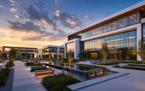 HP Inc. Campus-Hauptsitz wird als modernes architektonisches Render bei Sonnenuntergang gezeigt, ISIN US40434L1052 - Foto: THN