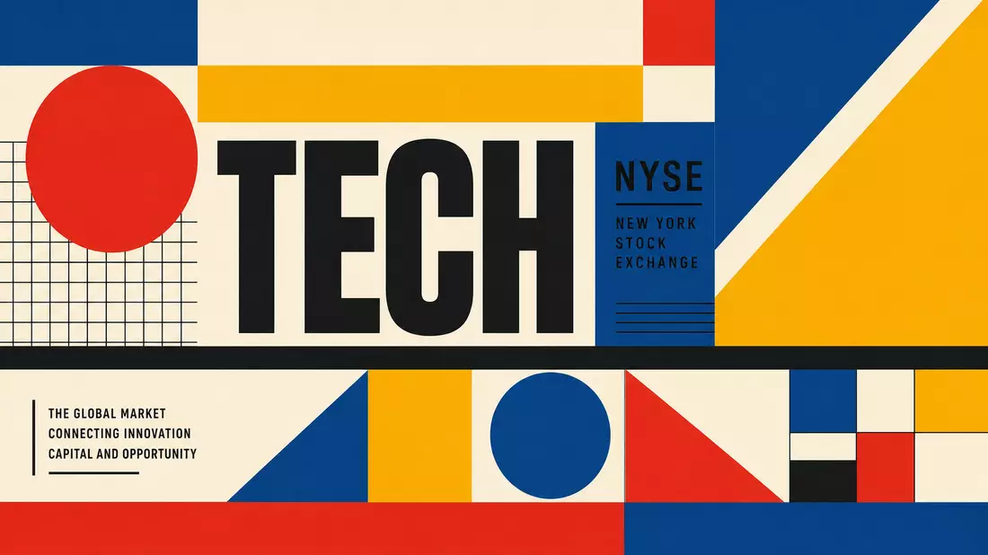Bauhaus-Plakat mit TECH-Schriftzug, NYSE-Text und geometrischen Primärfarben für Elektroniksektor