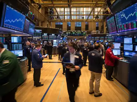 HP Inc. Aktie an der NYSE: Börsenparkettszene mit Technologie-Charts und Händlern, ISIN US40434L1052 - Foto: THN