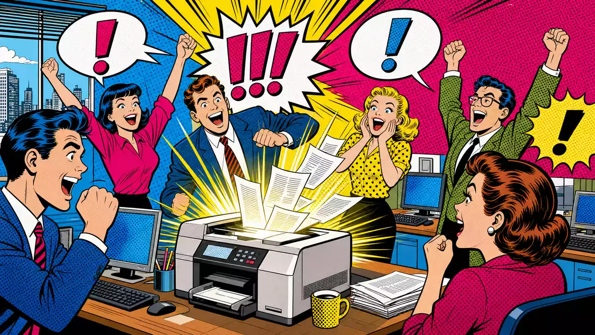 Pop-Art-Comic mit jubelnden Büromitarbeitern und einem strahlenden Drucker voller Papier
