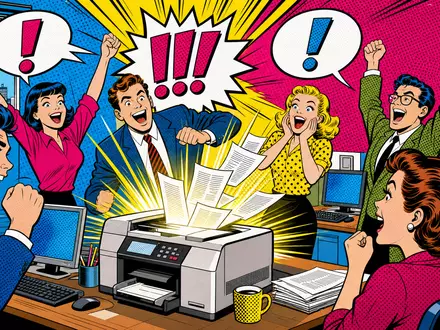 HP Inc. Elektronik als Pop-Art-Comic mit jubelnden Büroarbeitern und Druckern, ISIN US40434L1052 - Foto: THN