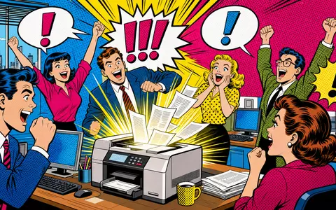 HP Inc. Elektronik als Pop-Art-Comic mit jubelnden Büroarbeitern und Druckern, ISIN US40434L1052 - Foto: THN
