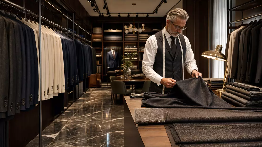 Maßschneider in einem luxuriösen Herrenmode-Atelier prüft Wollstoffe an dunklen Holzregalen