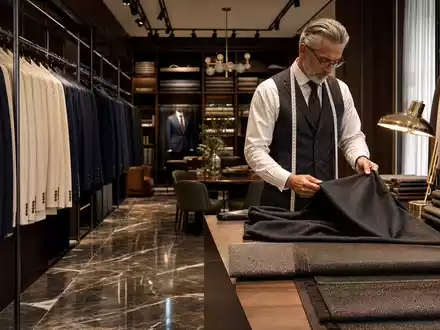 Hugo Boss AG DE000A1PHFF7 – Maßschneider prüft feines Wollgewebe im eleganten Herrenmode-Atelier - Foto: THN