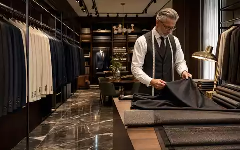 Hugo Boss AG DE000A1PHFF7 – Maßschneider prüft feines Wollgewebe im eleganten Herrenmode-Atelier - Foto: THN