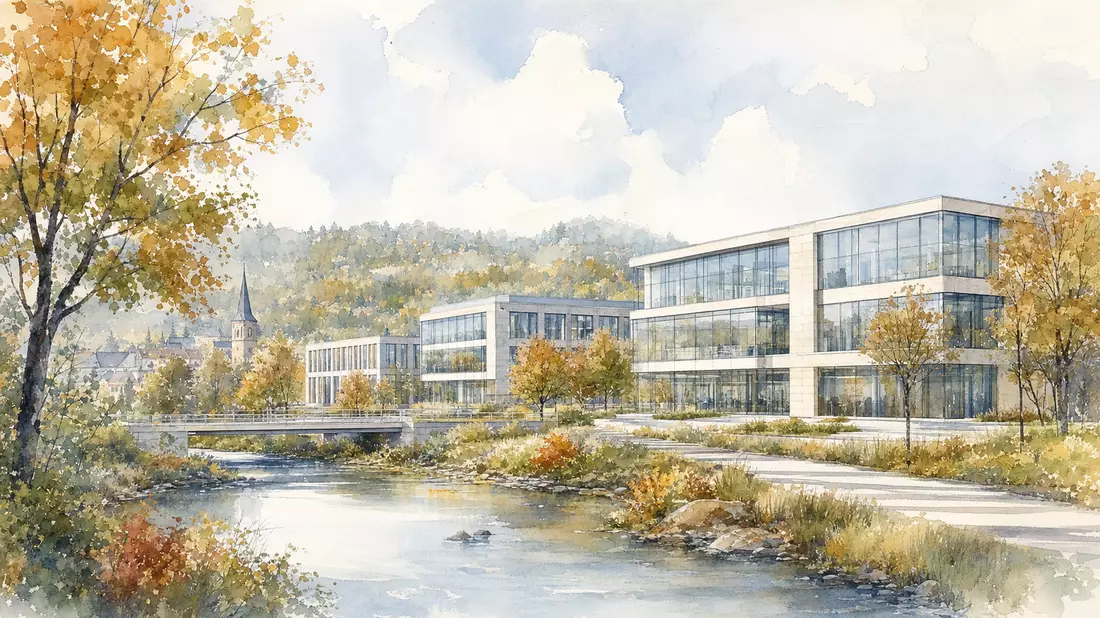 Aquarellmalerei eines modernen Bürogebäudes der Premiummode in herbstlicher Landschaft