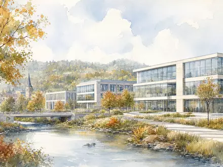 Hugo Boss AG DE000A1PHFF7 – Aquarell zeigt moderne Firmenzentrale im herbstlichen deutschen Stadtbild - Foto: THN