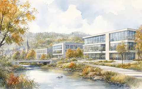 Hugo Boss AG DE000A1PHFF7 – Aquarell zeigt moderne Firmenzentrale im herbstlichen deutschen Stadtbild - Foto: THN