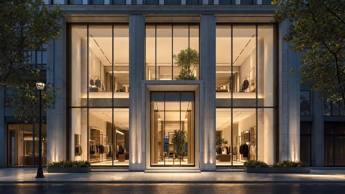 Architektur-CGI eines Premium-Flagship-Stores mit Glasfassade und Steinpfeilern am Abend