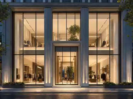 Hugo Boss AG DE000A1PHFF7 – CGI-Render eines modernen Premiummode-Flagshipstores in abendlicher Stadtlage - Foto: THN