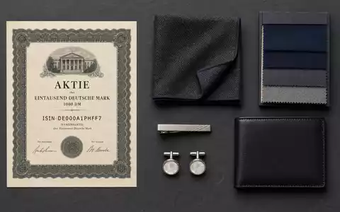 Hugo Boss AG DE000A1PHFF7 – Flatlay mit Aktienzertifikat, Manschettenknöpfen und Stoffmustern für Premiummode - Foto: THN