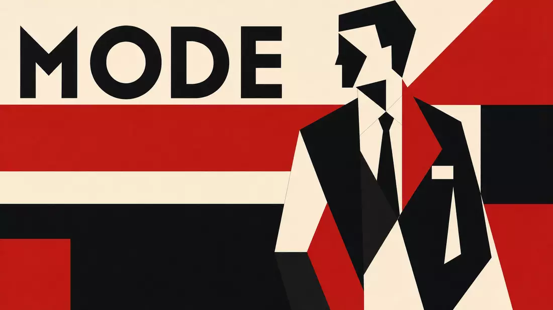 Bauhaus-Poster in Schwarz-Rot-Weiß mit geometrischer Herrenfigur im Anzug und Schriftzug MODE