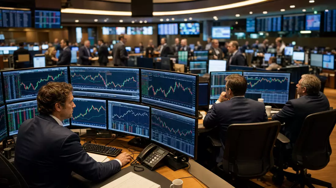 Breiter Blick auf einen europäischen Börsenhandelsraum mit MDAX-Charts auf zahlreichen Monitoren