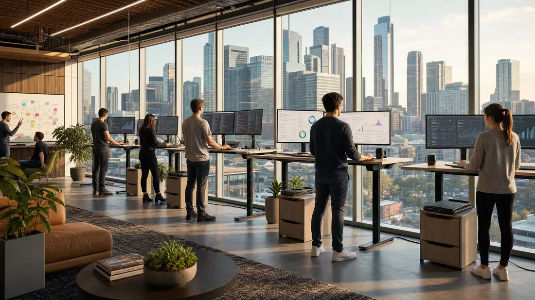 Modernes HubSpot-Softwarebüro mit Entwicklern an Monitoren und CRM-Dashboards