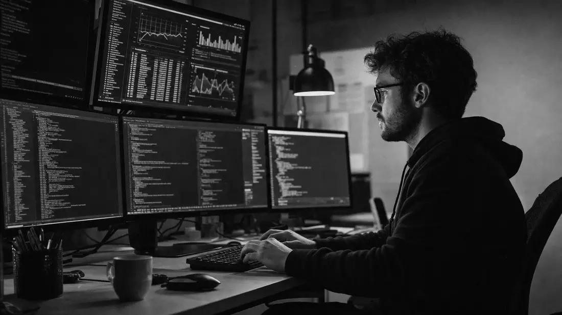 Dokumentarisches Schwarzweißfoto eines Softwareentwicklers an Monitoren mit Code und Analytics