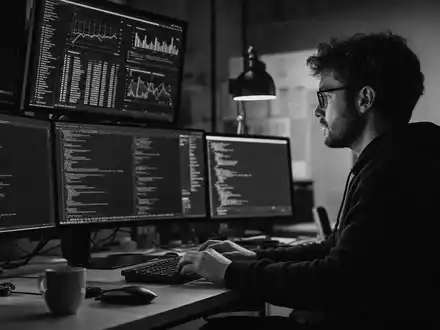 HubSpot Aktie US4435731009 dokumentarische Schwarzweiß-Reportage eines Entwicklers an mehreren Monitoren mit Code - Foto: THN