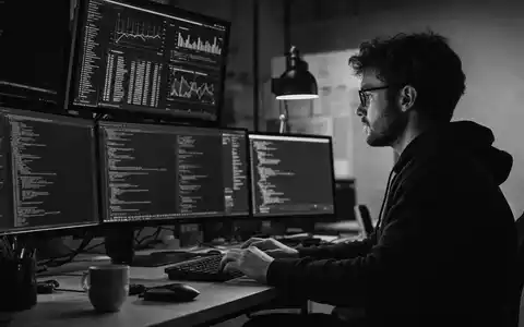 HubSpot Aktie US4435731009 dokumentarische Schwarzweiß-Reportage eines Entwicklers an mehreren Monitoren mit Code - Foto: THN