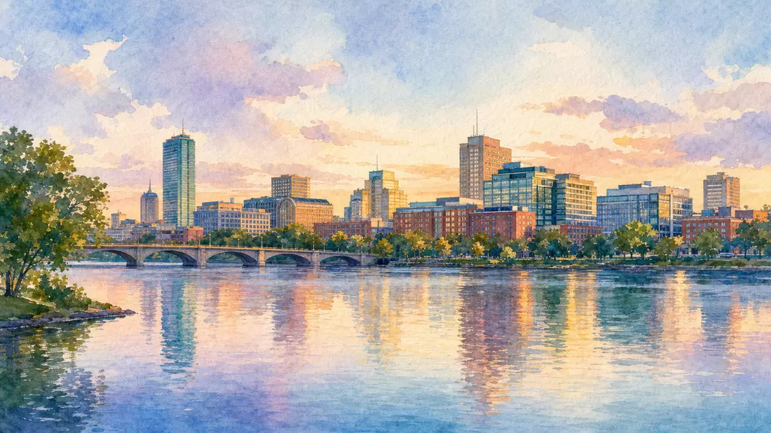 Aquarellgemälde der Cambridge-Skyline am Charles River im goldenen Abendlicht