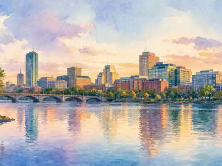 HubSpot Hauptquartier US4435731009 Cambridge Skyline am Charles River als farbige Aquarell-Illustration dargestellt - Foto: THN