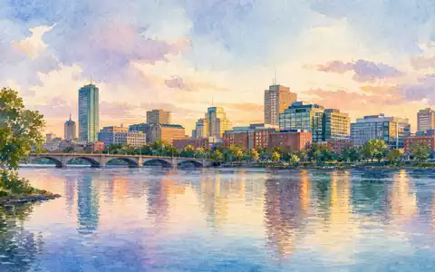 HubSpot Hauptquartier US4435731009 Cambridge Skyline am Charles River als farbige Aquarell-Illustration dargestellt - Foto: THN